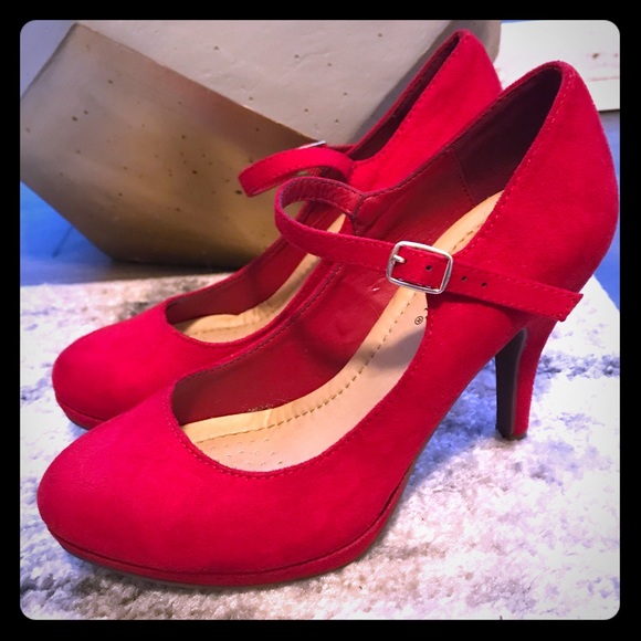 Classified Shoes - Red, suede, mary-jane, heels